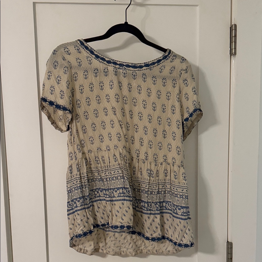 Sigrid Olsen Blue Patterned Cream Blouse